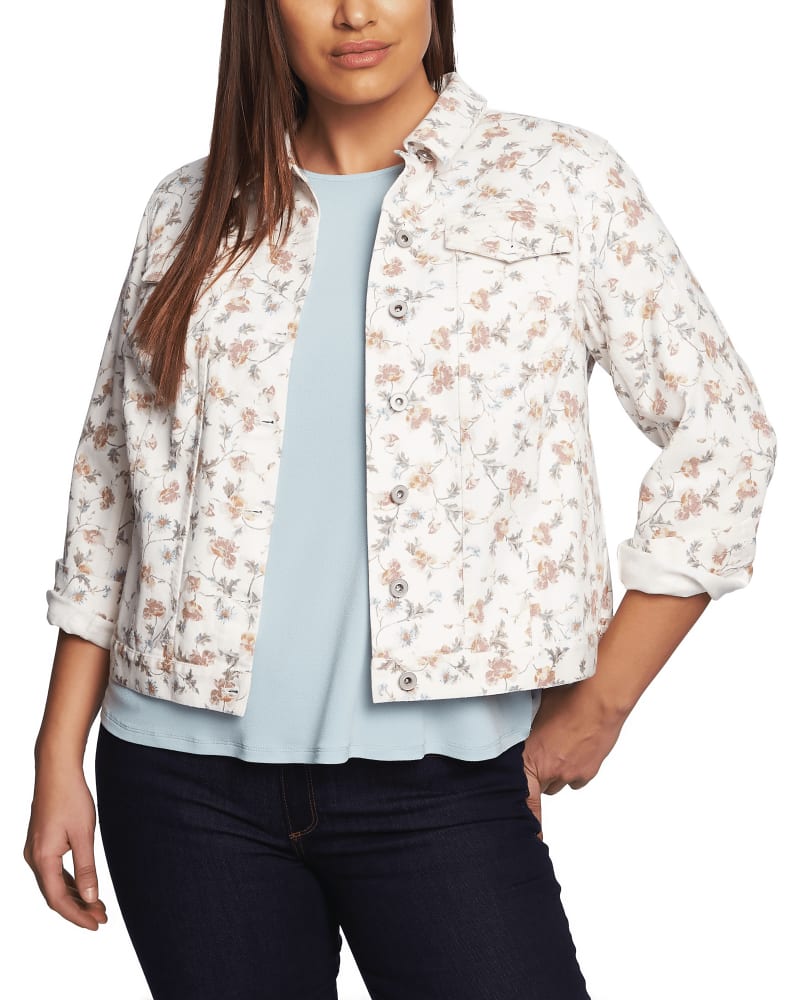 Front of a model wearing a size 1X Racquel Floral-Print Denim Jacket in 105-SOFT ECRU by CeCe. | dia_product_style_image_id:263866